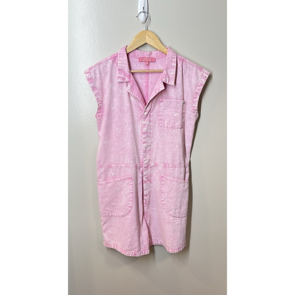 Simply Southern Pink Acid Wash Denim Romper Snap Front Medium Festival Boho Lg